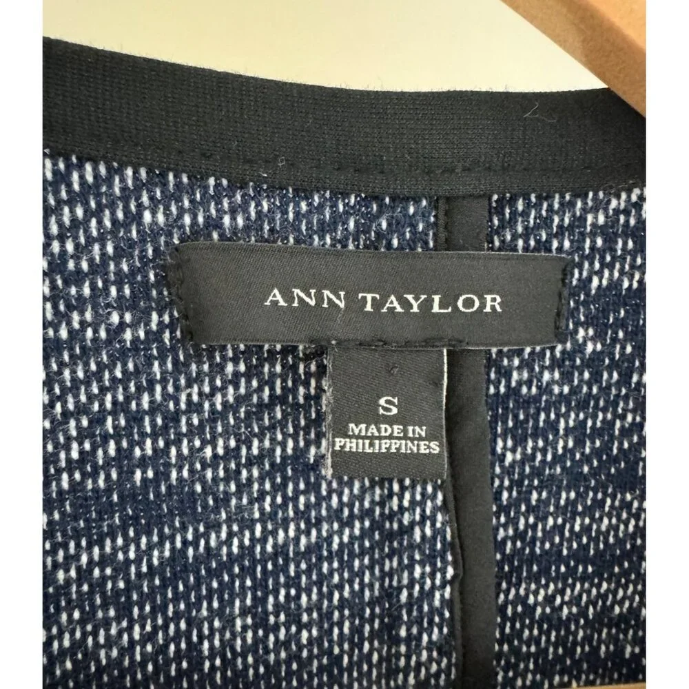 Ann Taylor Open‎ Front Blue Tweed Knit Blazer Jacket w/Pockets Size S Cardigan